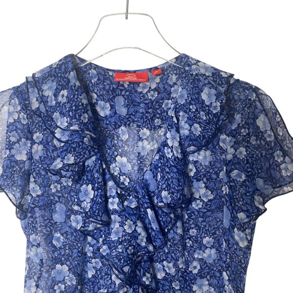 Y2K Oscar De La Renta Sheer Blue Floral Ruffle Flutter Sleeve Blouse Size 4 - Picture 2 of 7